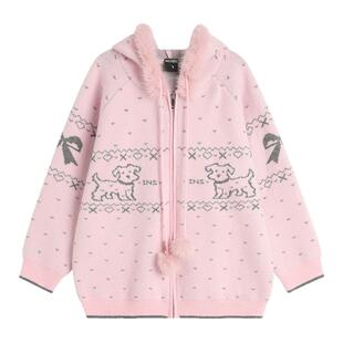 INSstudios 国潮牌美式「费尔岛花纱小狗提花毛衣」针织开衫外套