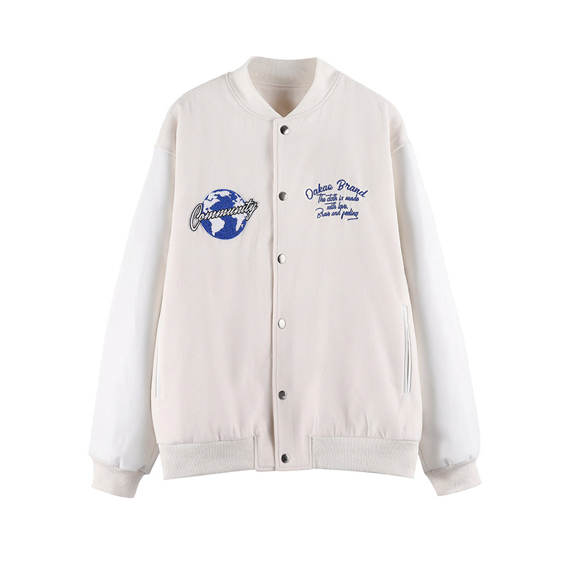 【OAKAO官方店】毛巾绣PU拼接植绒刺绣白色外套潮夹克棒球服男女