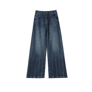 设计感烫钻阔腿牛仔裤女春秋加绒2026年新款高腰显瘦设直筒微喇裤