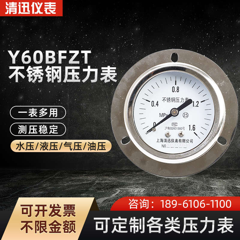 Y60BFZT不锈钢轴向带边压力表不锈钢耐震压力表0-0.6/1/1.6/40Mpa