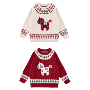 幼悠女童2025冬季新款小马提花圆领毛衣厚实保暖儿童可爱年服上衣