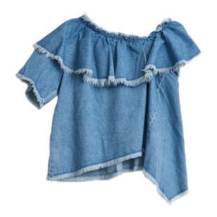 SJYP 春夏款女士流苏牛仔一字肩上衣银泰百货精品 301596