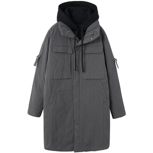 流石男装冬装中长款羽绒服男士假两件冬季新款加厚面包服保暖外套