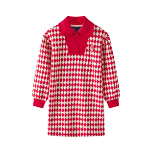 POLOWALK童装女童长袖连衣裙2026春夏新款翻领菱格印花红色裙子女