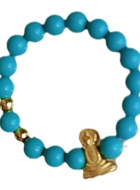 原创小众设计天然绿松石搭配S925银戒指 网红款 弹力绳款串珠戒指