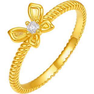周六黄金镶嵌钻石戒指女款5d硬金工艺蝴蝶黄金戒指官方送女士礼物