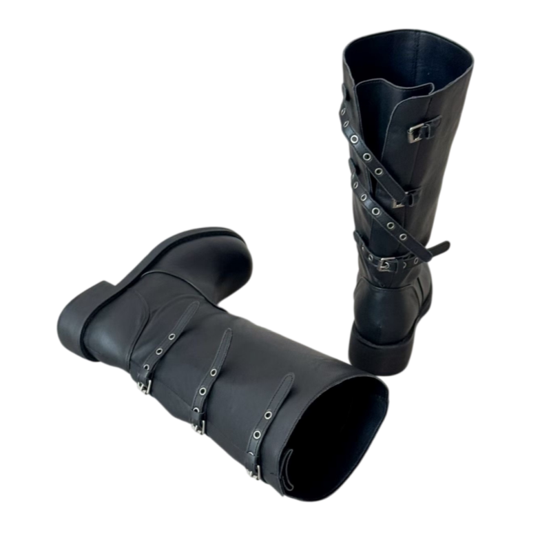 韩版黑色中筒粗跟骑士靴女显瘦