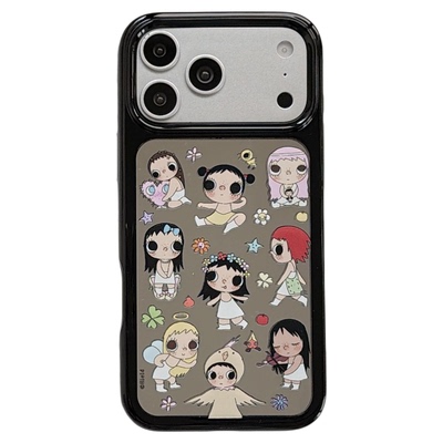 jze ins可爱治愈涂鸦小女孩镜面适用苹果17ProMax手机壳iphone15新款16promax女款17pro超火14全包防摔手机套