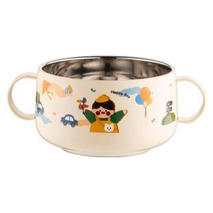 onlycook一家四口316不锈钢碗食品级儿童双耳吃饭碗带盖子吸盘碗