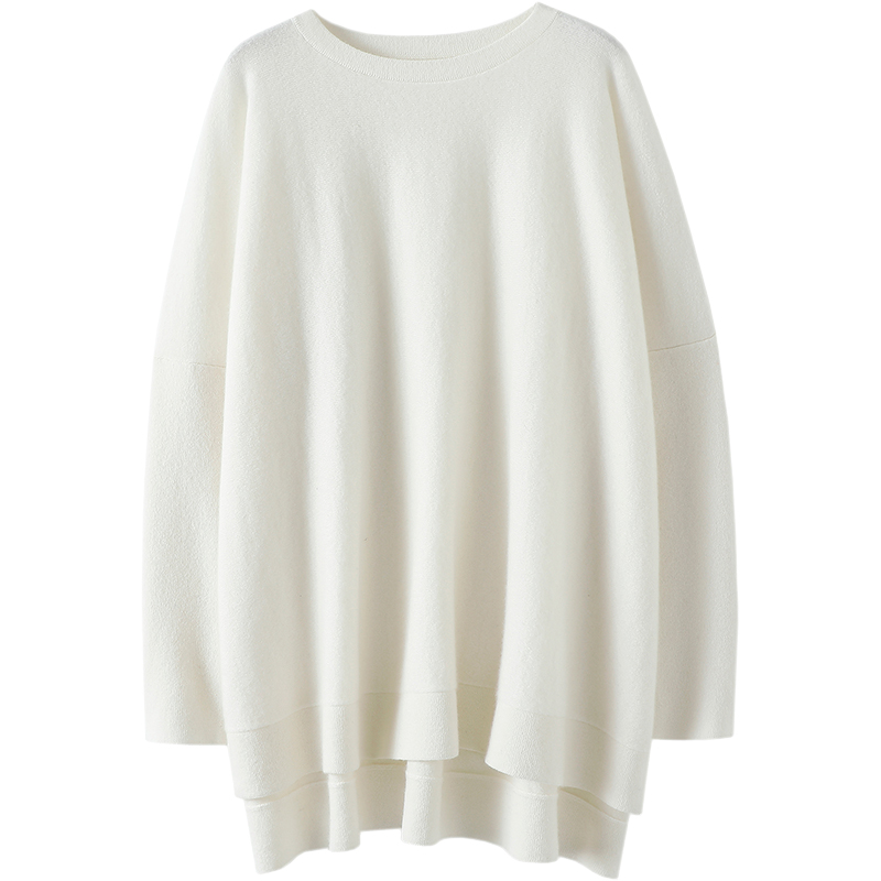 随性自有~100%纯山羊绒衫女圆领中长款纯羊绒毛衣针织衫宽松秋冬