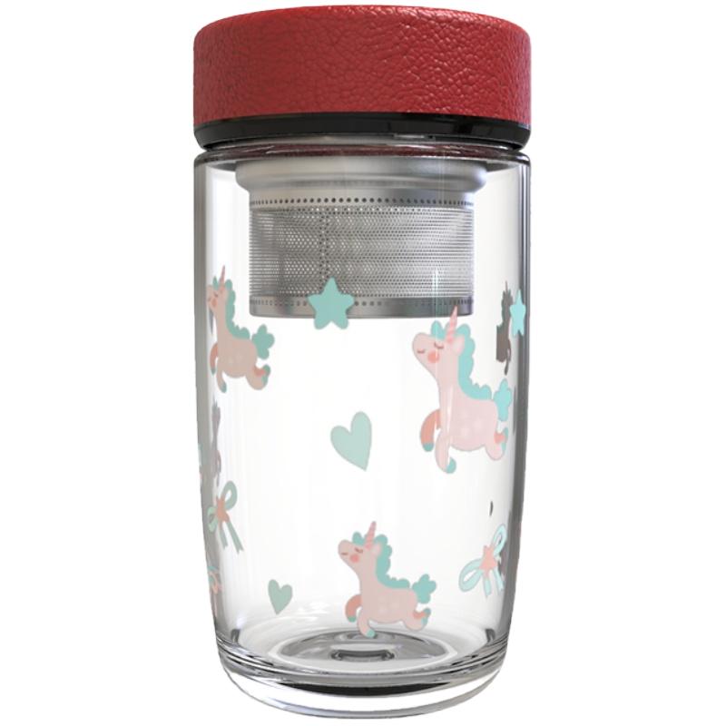 美国cupmystery高硼硅玻璃材质皮质商务卡通爱心独角兽茶隔玻璃杯
