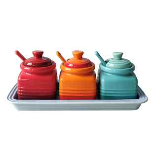 酷彩调料罐含浮雕logo高颜值家用陶瓷盐罐调料盒带勺调味罐送礼装