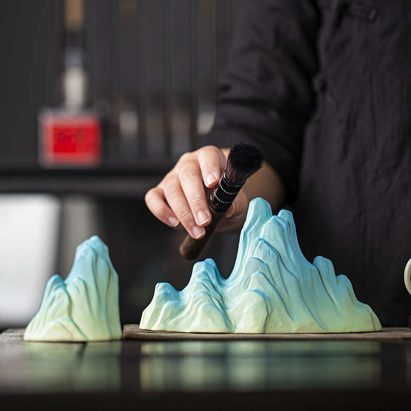 假山摆件新中式禅意摆设桌面鱼缸造景文创装饰品只此青绿千里江山