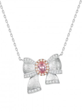 Witther原创设计甜美粉钻蝴蝶结项链女小众925银拉丝吊坠秋冬新款