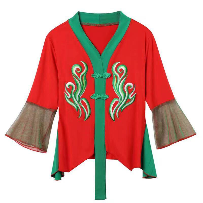 广场舞服装新款套装名族风秧歌舞扇子舞喇叭袖舞台演出舞蹈服装女