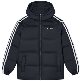 特步童装儿童厚款条纹羽绒服2026秋冬季新款男童保暖外套大童衣服