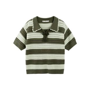 PIT复古法式设计感条纹短袖镂空毛针织衫女2025春新款polo领小衫