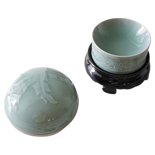 瓷器口-梅子青舒云墨蝶 笔舔墨池 全手工雕刻 书法专用文房四宝