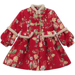 女童连衣裙女孩夹棉拜年服冬装2025新款儿童中国风红色新年公主裙