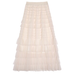 今屿花花 半身裙女2025新款秋冬款米白色中长款半裙松紧腰蛋糕裙