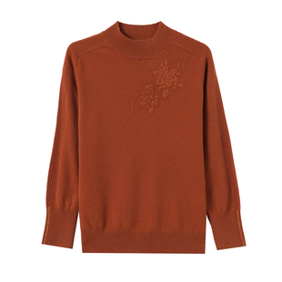 秋冬纯山羊绒衫半高领毛衣女加厚保暖时尚绣花打底衫中老年妈妈装