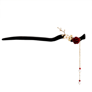 簪子女古风盘发马面裙头饰山茶花发簪红色步摇流苏旗袍木簪丸子头