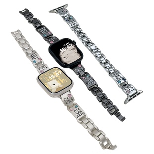 适用applewatchS10彩色水钻镭雕狗狗表带iWatch9/8/7可爱小狗金属SE细手镯款苹果手表S11高级小众ultra腕带女
