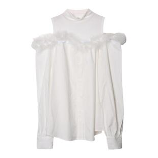 西町村屋法式浪漫毛毛拼接小衫女秋季新款气质漏肩衬衣XH9C10150