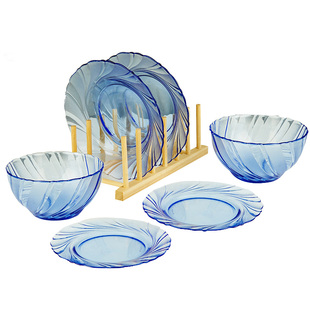 法国进口Duralex螺纹钢化玻璃餐具家用高颜值碗盘碟浅蓝色6件套