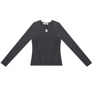 ziziFei春秋美式复古设计结构感兔子印花长袖T恤修身针织打底衫女