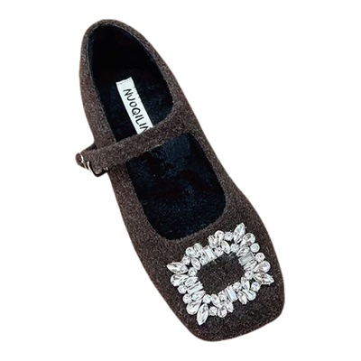 十三行女鞋实拍法式中高跟水钻单鞋女鞋子加绒毛毛鞋玛丽珍小皮鞋