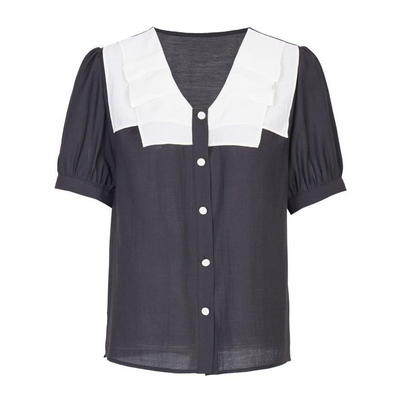 婉甸2025夏季新品黑色短袖上衣V领雪纺衫1242H04RS2