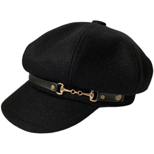 80%羊毛呢54-61cm大头围 黑色复古百搭ins短檐八角帽报童帽画家帽