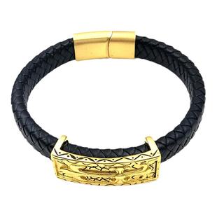 钛钢大扁扣权杖配件手绳金色钢色磁铁扣皮革手环男手链2股黑手绳