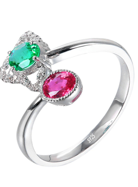 双宝石祖母绿女戒S925优雅开口戒