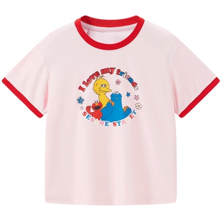 [遮热抑菌]MINIPEACE×芝麻街联名太平鸟童装女童粉色短袖T恤夏装