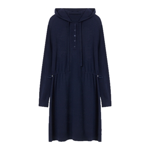 LANCY/朗姿2025冬季新款时尚连帽抽绳收腰休闲短款针织连衣裙女