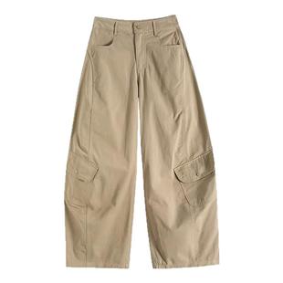 卡其色弯刀工装裤女款大码胖mm显瘦春季流行风格休闲阔腿镰刀裤子