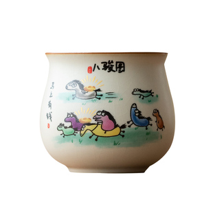 德化陶瓷米黄汝窑八骏图主人杯女士男士聚财高档个人杯茶杯高级感