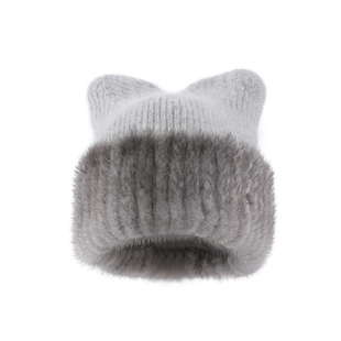 水貂毛皮草猫耳朵帽子女冬季高级感可爱保暖护耳加绒针织毛线冷帽