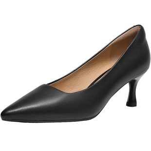 森达高跟鞋女春秋款职业通勤低跟鞋尖头杏色皮鞋ZTC03CQ3