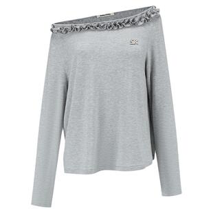 SHRO ENRO2026春季新款木耳边法式斜肩宽松长袖T恤精致针织上衣