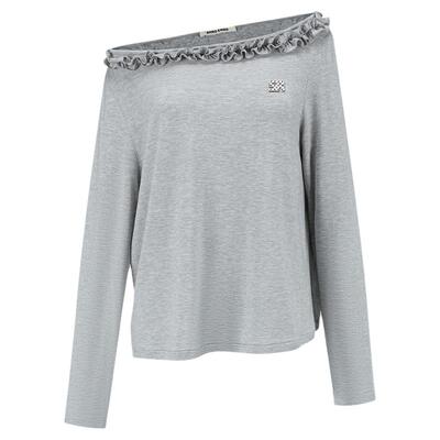 SHROENRO木耳边斜肩宽松长袖T恤