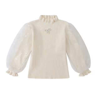 女童毛衣秋冬加厚儿童半高领泡泡袖加绒女宝宝内搭针织打底衫女款