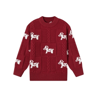 多多家男童毛衣儿童小马针织衫2025秋冬季新款中大童红色上衣冬装