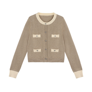 pusumede【现货6折】撞色圆领毛衣开衫外套女复古气质针织衫上衣