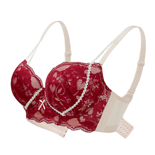 大胸红色内衣女本命年红衣上托聚拢显大收副乳防下垂大码蕾丝文胸