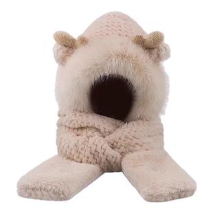 儿童帽子女款2025新款冬季围脖一体三件套保暖可爱鹿角男孩包头帽