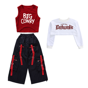 女童红色爵士舞演出服少儿jazz罩衫儿童街舞表演服装女孩裤子潮装