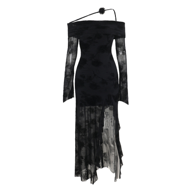 GirlsAt18 黑色一字肩长袖连衣裙女高级性感气质风情万种开叉长裙